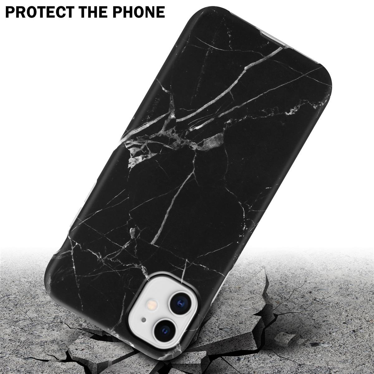 Custodia nera in marmo su terreno incrinato. Testo: PROTEGGI IL TELEFONO.