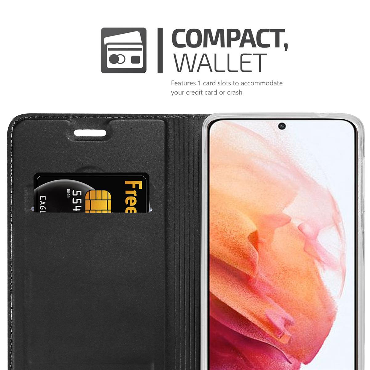 Eine schwarze Handyhülle. Innen ein Kartenfach und eine Kreditkarte. Telefon rechts sichtbar.