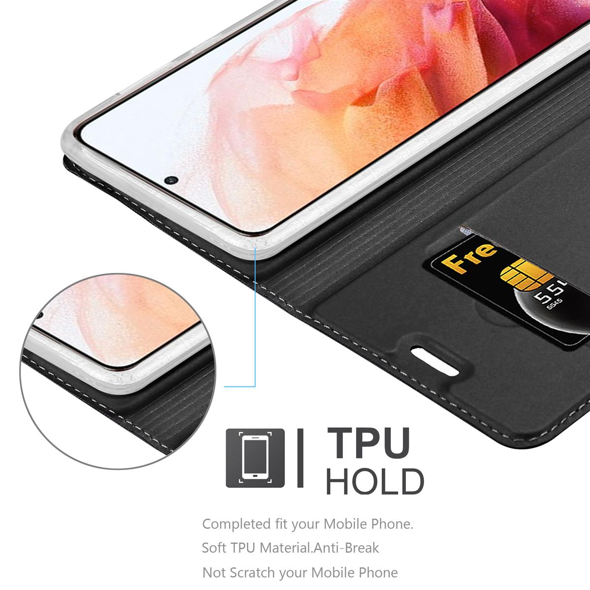 Schwarze Handyhülle, geöffnet, mit einem Telefon und einer SIM-Karte. Das Telefon ist im Gehäuse.