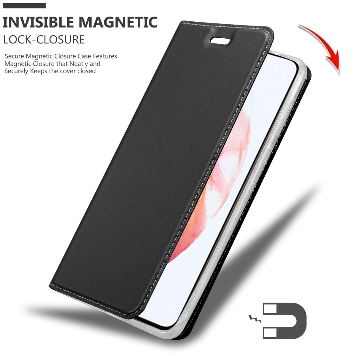 Eine schwarze Handyhülle. Es ist eine Folio-Hülle mit Magnetverschluss. Der Hintergrund ist weiß.
