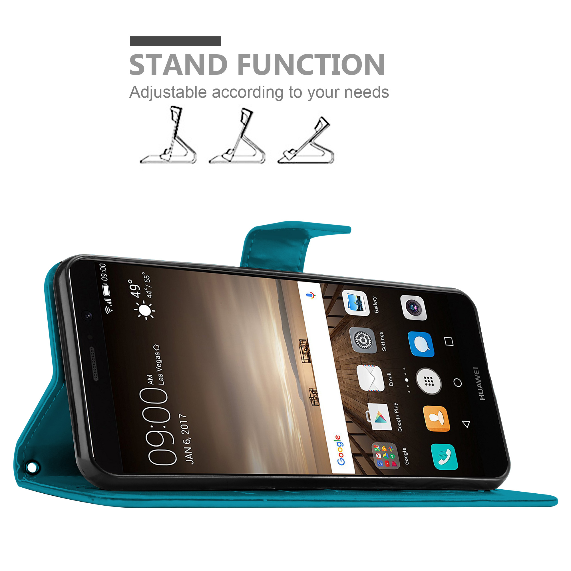 Smartphone in türkisfarbener Hülle, aufgestellt, Bildschirm zeigend. Text: 'Standfunktion'.