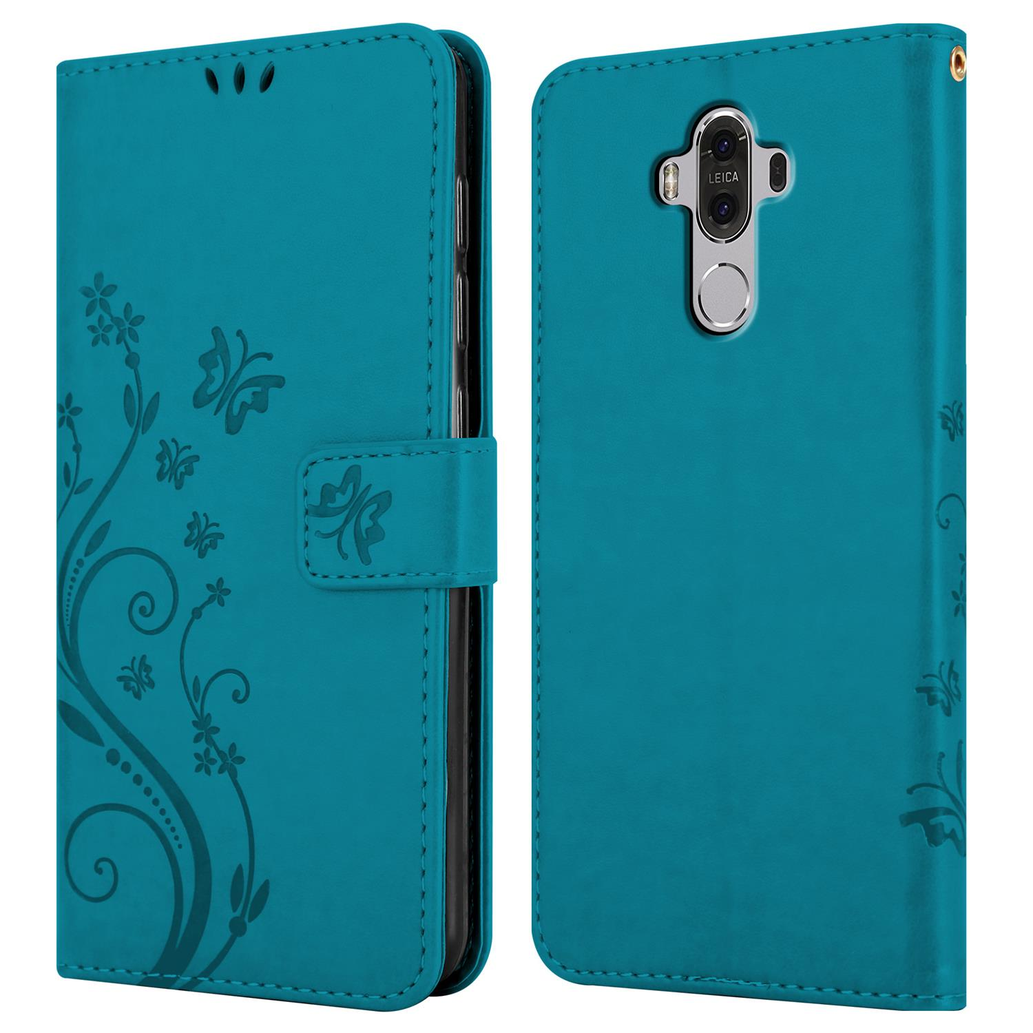 Türkisfarbene Handyhülle mit Blumen- und Schmetterlingsmotiven, geöffnet. Zeigt das Telefon und die Abdeckung.