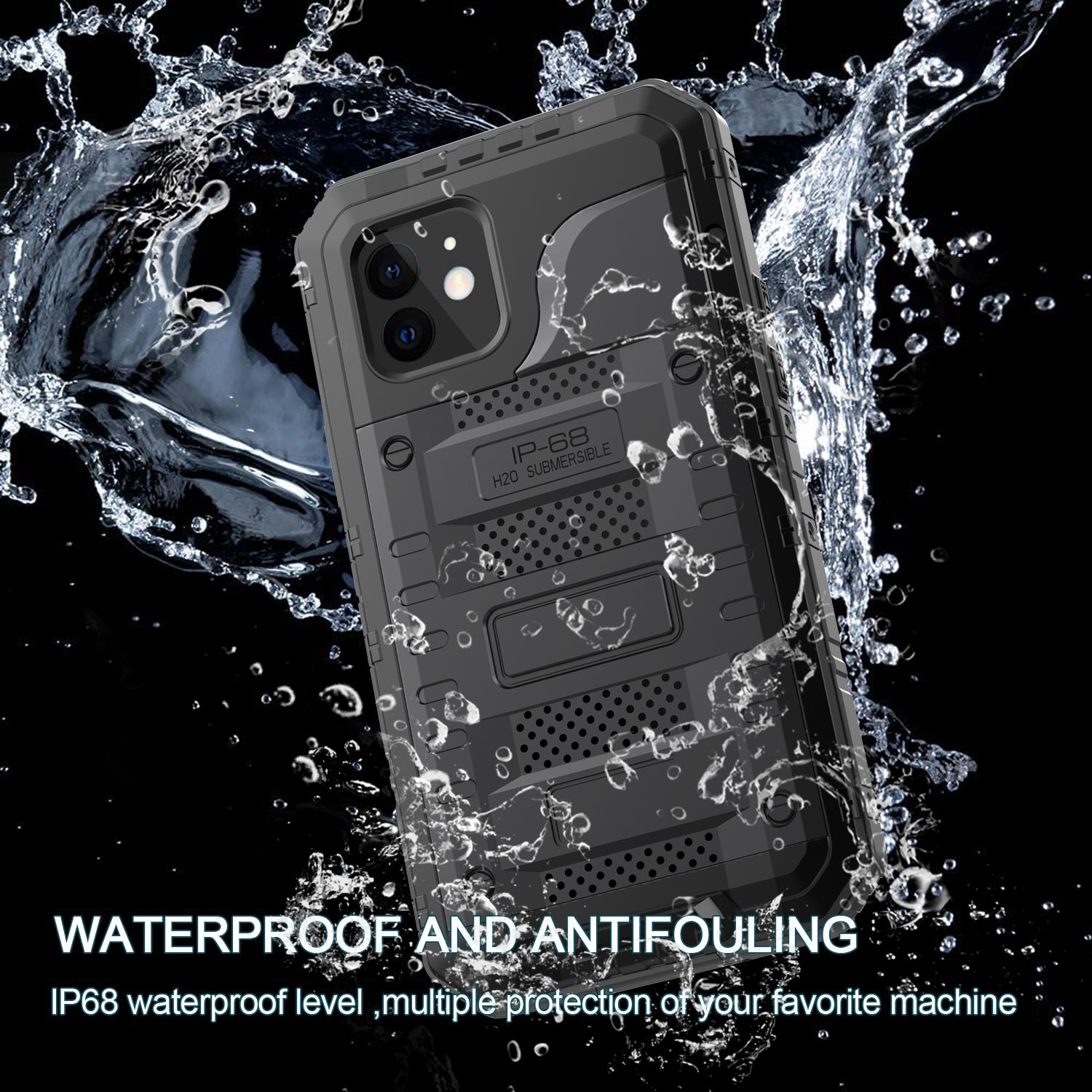 Schwarze, wasserdichte Handyhülle, unter Wasser mit Blasen, mit Text.
