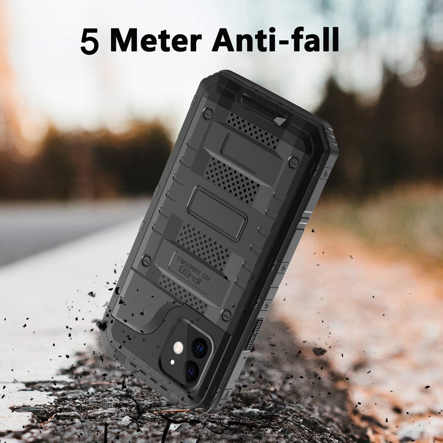 Schwarze, robuste Handyhülle fällt auf eine raue Oberfläche. Text: 5 Meter Anti-Fall.