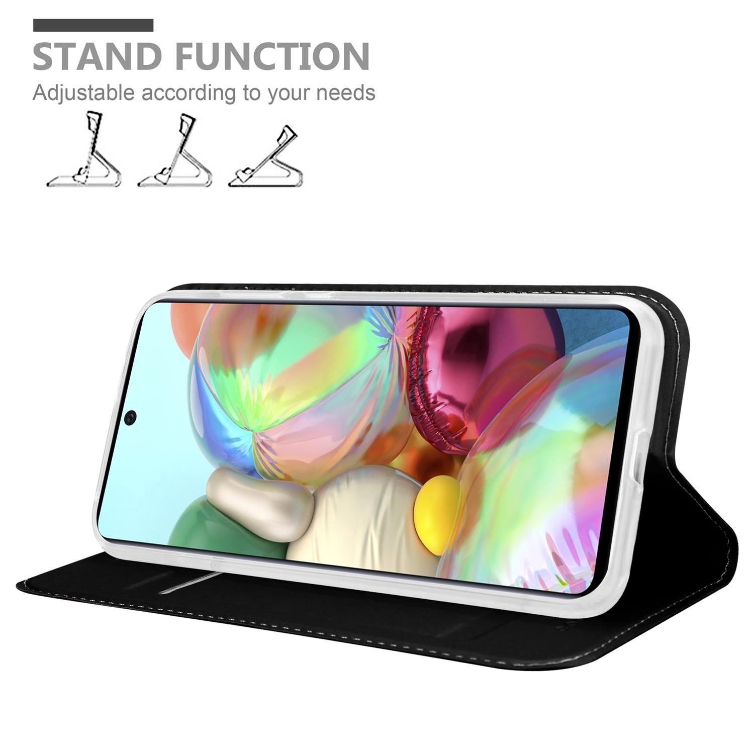 Telefonhülle mit Ständer. Eine schwarze Hülle mit einem Telefon. Ständerfunktion ist sichtbar.