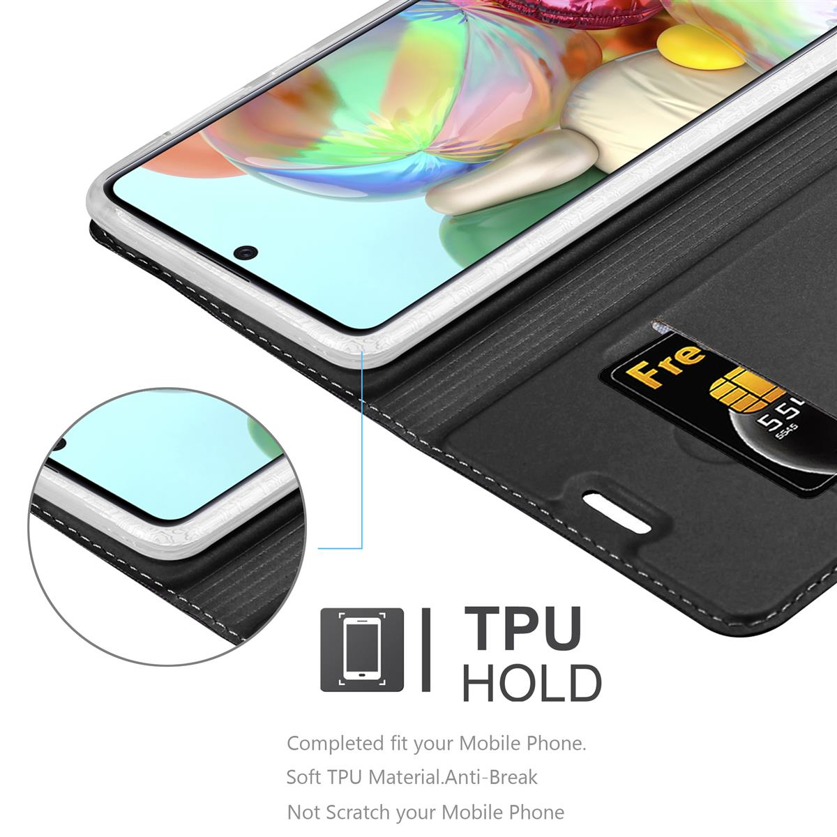 Ein Telefon mit schwarzem Gehäuse befindet sich in einem schwarzen Wallet-Case. Eine Nahaufnahme zeigt eine SIM-Karte.
