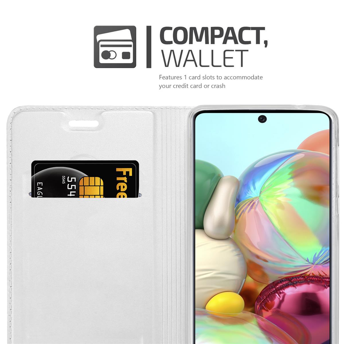 Telefono in custodia a portafoglio bianca, con fessura per carte. Testo: COMPACT, WALLET.