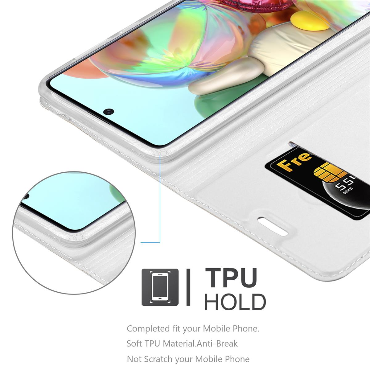 Custodia bianca con carta. Testo: Supporto TPU. Materiale TPU morbido. Anti-rottura.