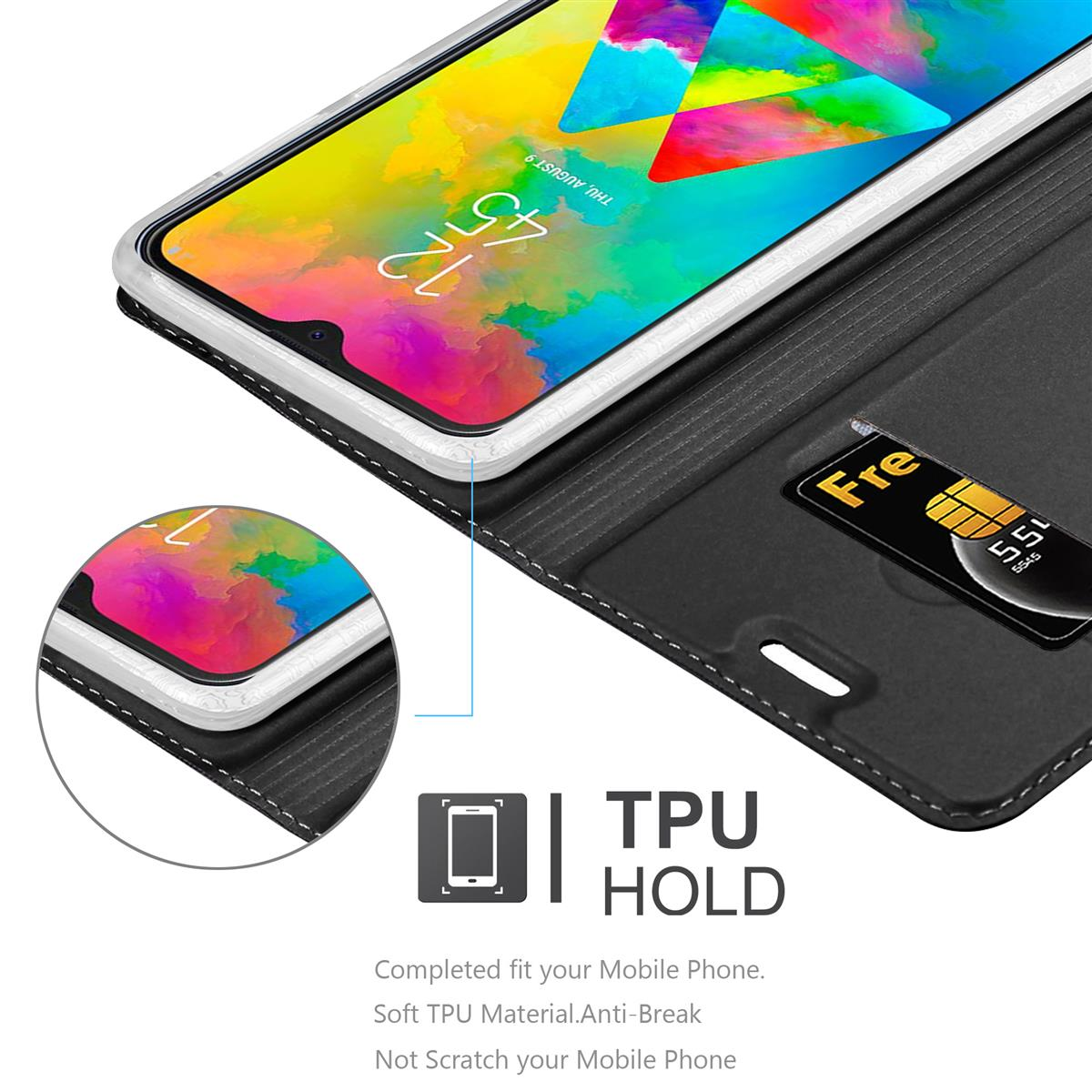 Telefon in einer Hülle. Text über TPU-Material und Bildschirmschutz. SIM-Karte sichtbar.
