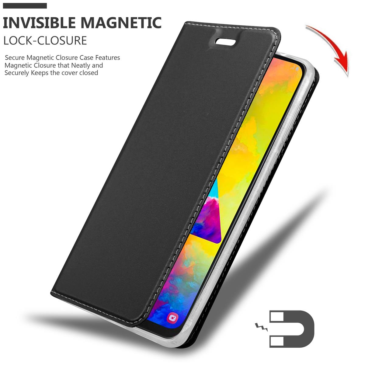 Eine schwarze Handyhülle mit Magnetverschluss. Sie schützt das Telefon.