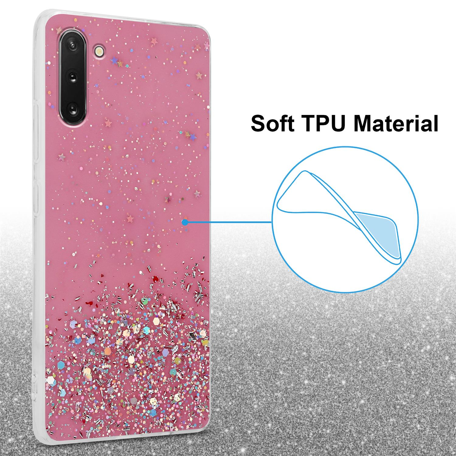 Custodia rosa con design glitterato e testo: Materiale TPU morbido.