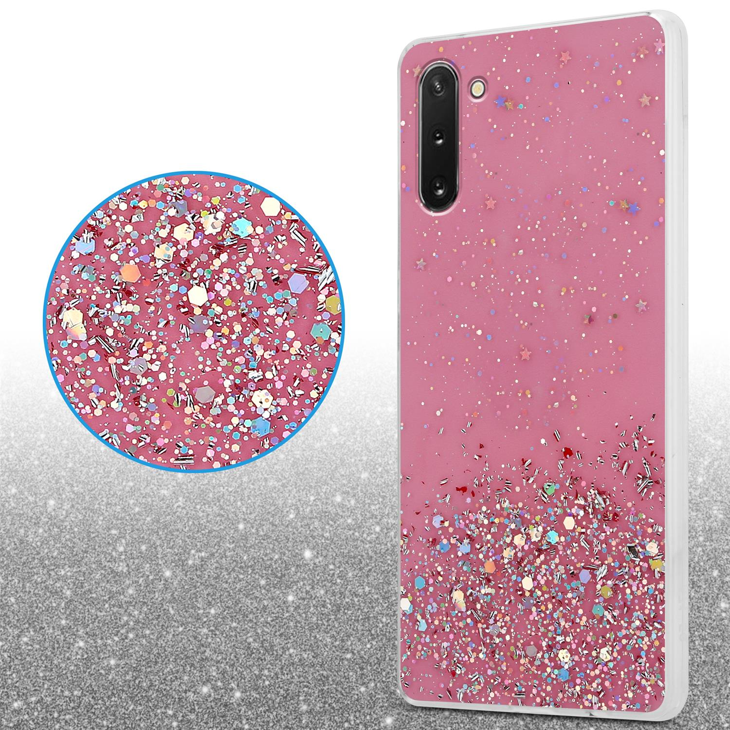 Custodia rosa per telefono con glitter. Un primo piano del glitter è a sinistra. La custodia è a destra.