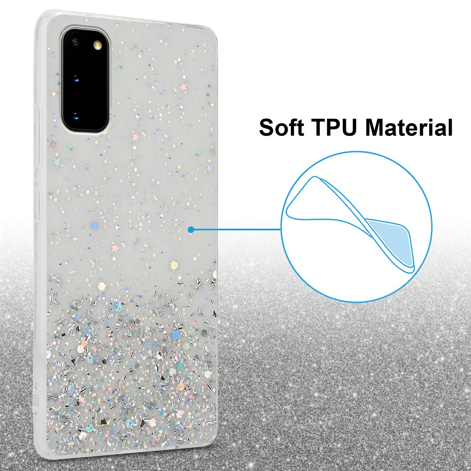 Handyhülle mit Glitzer. Ein Diagramm zeigt das weiche TPU-Material.