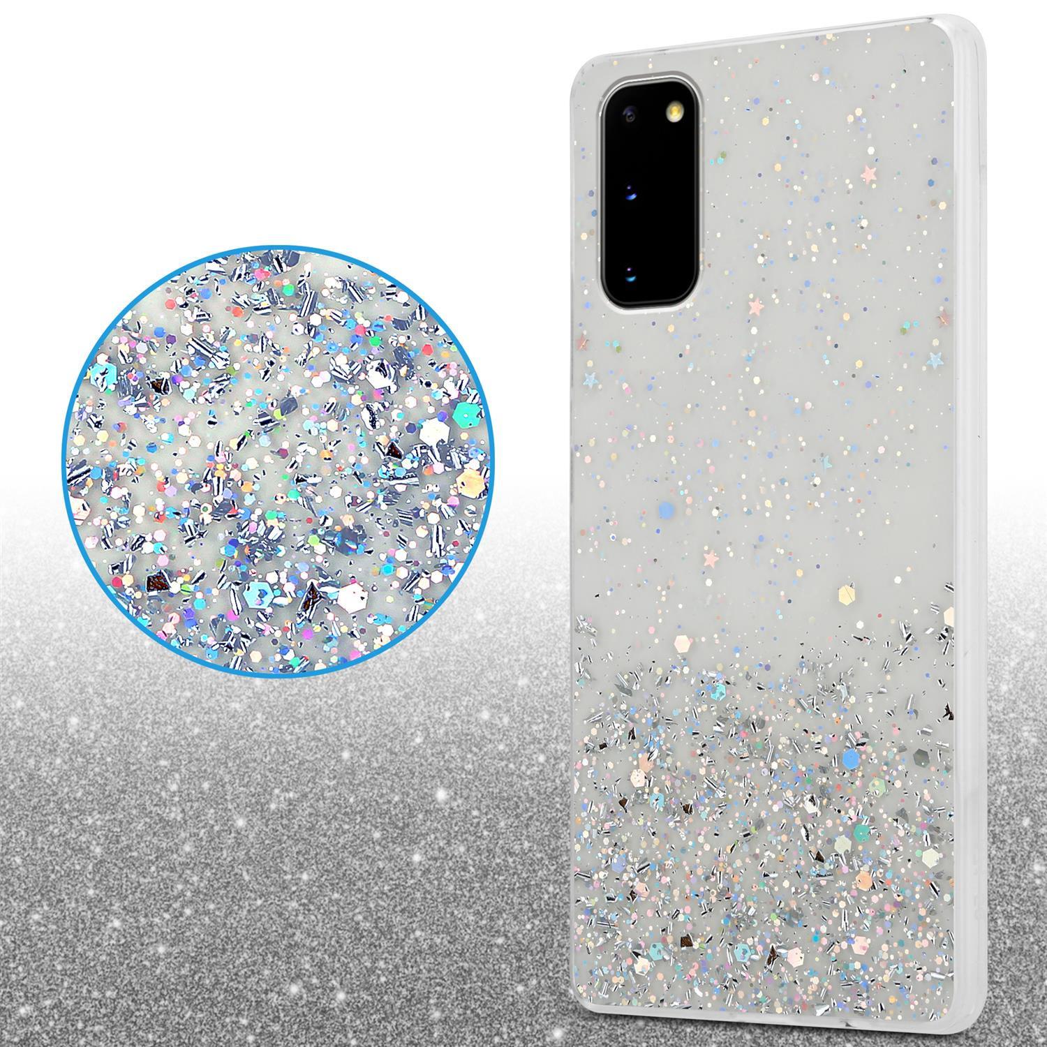 Weiße Handyhülle mit Glitzer und Sternen. Telefon ist schwarz. Runde Lupe, Funkeln.