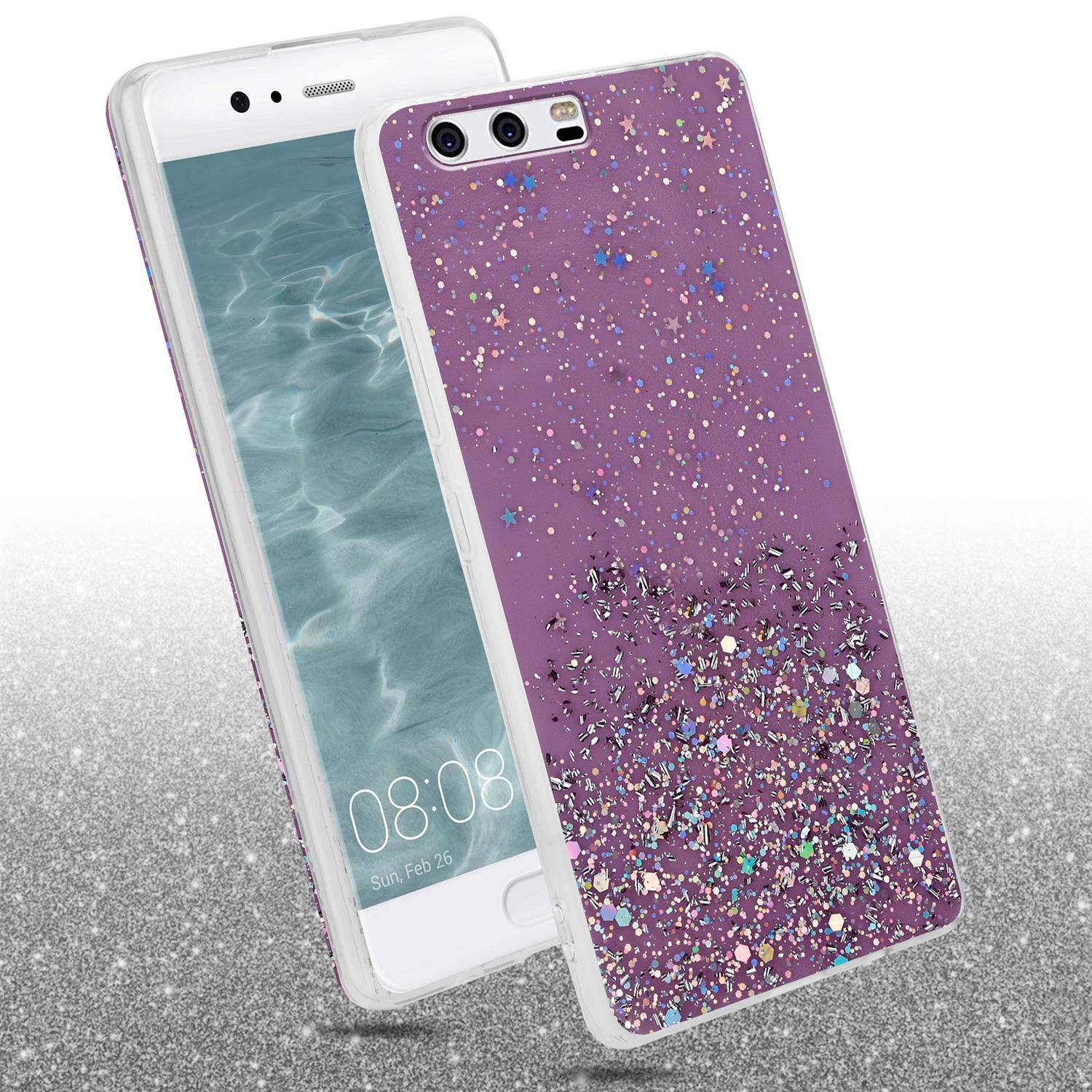 Ein Smartphone in einer glitzernden lila Hülle mit glitzerndem Design wird angezeigt.