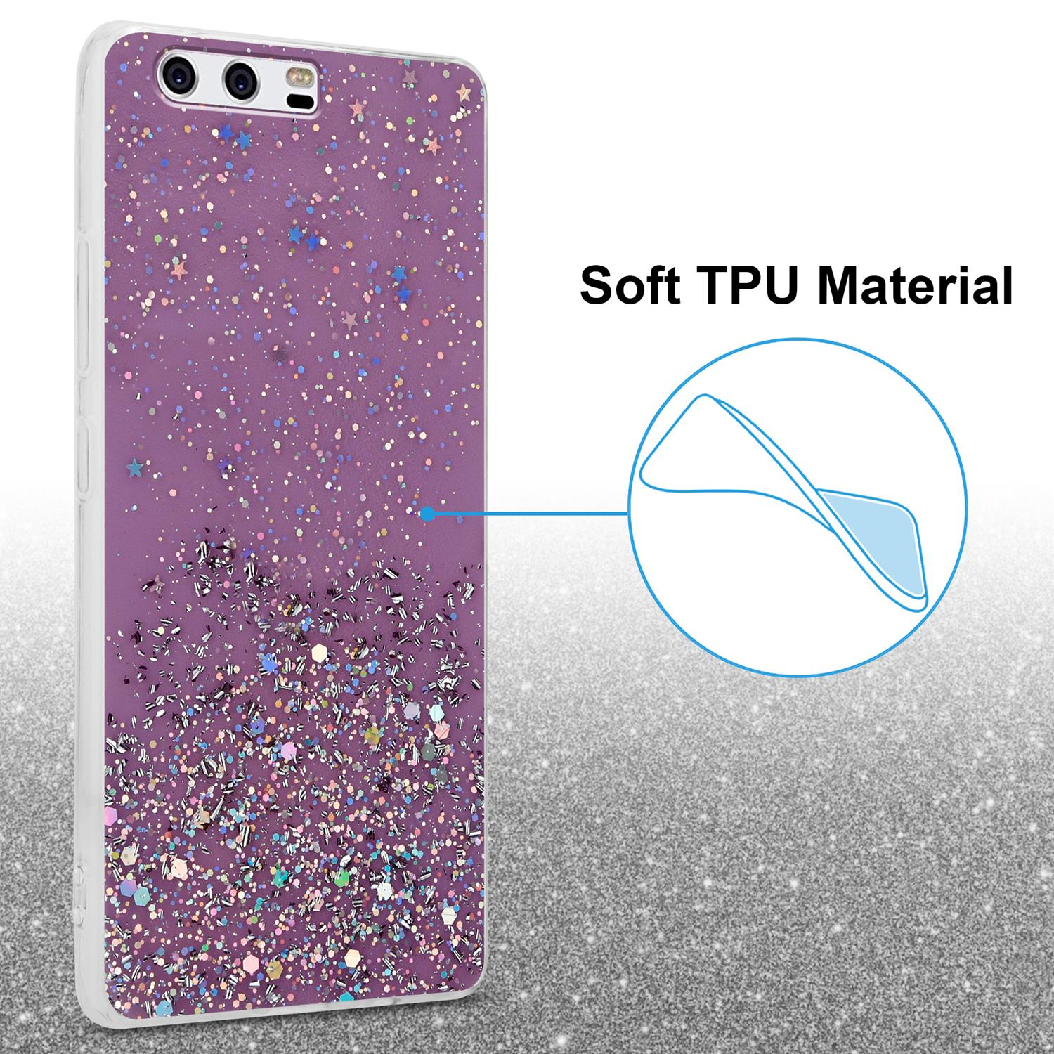 Eine Handyhülle mit lila Glitzermuster, mit dem Text 'Soft TPU Material'.
