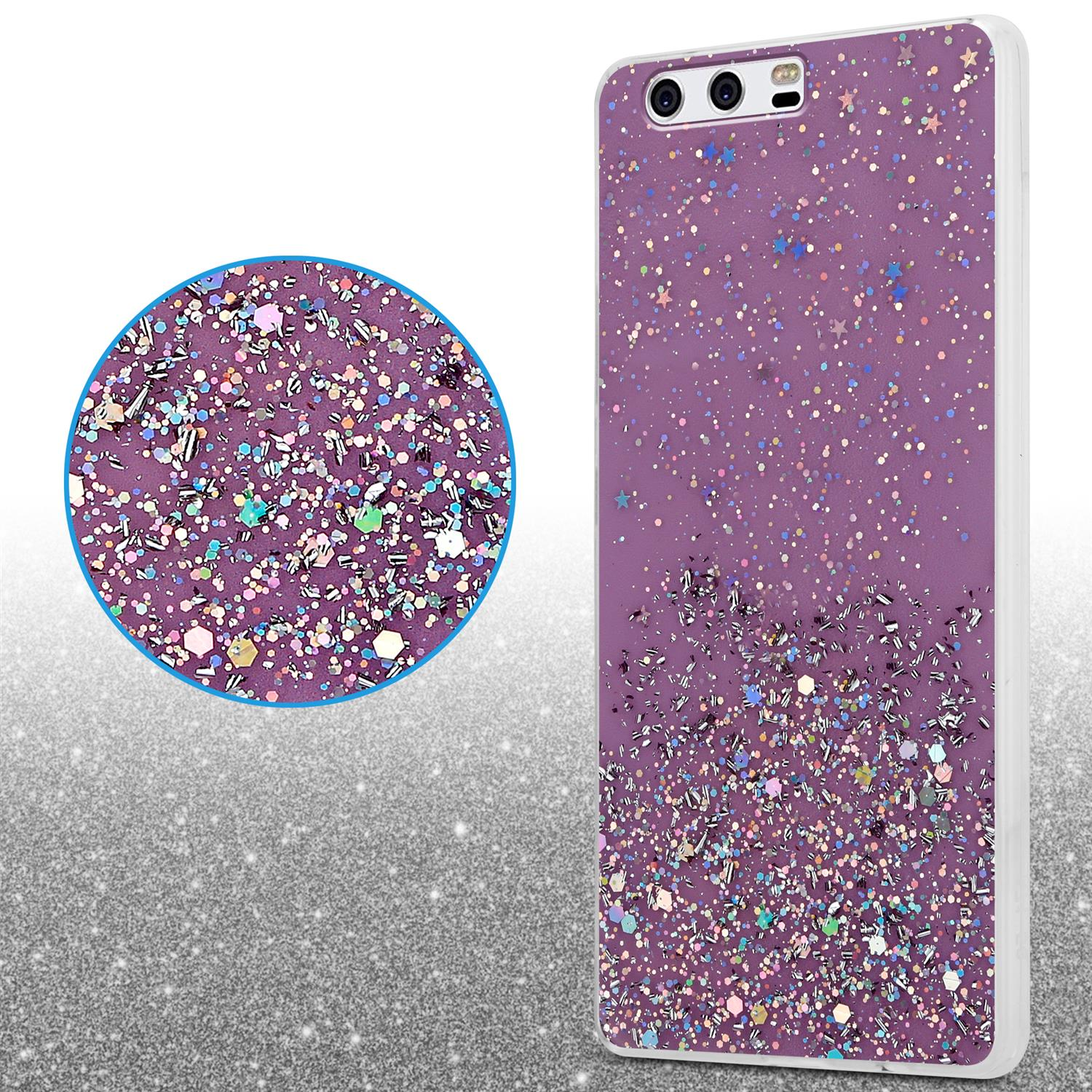 Lila Handyhülle mit Glitzer, Kreis mit Glitzer-Nahaufnahme und Silberglitzer.