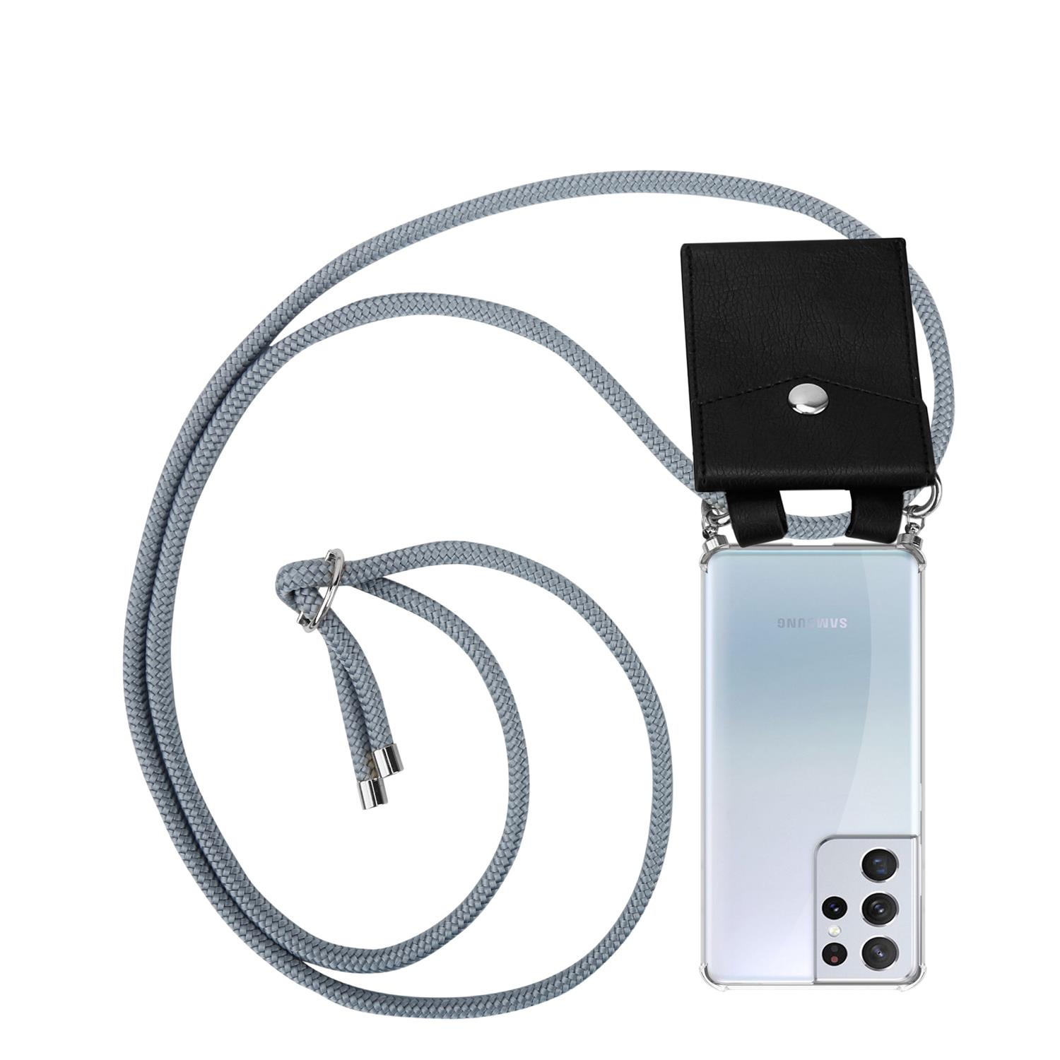 Graues Telefon mit Lanyard. Das Lanyard ist grau und das Telefon ist klar.