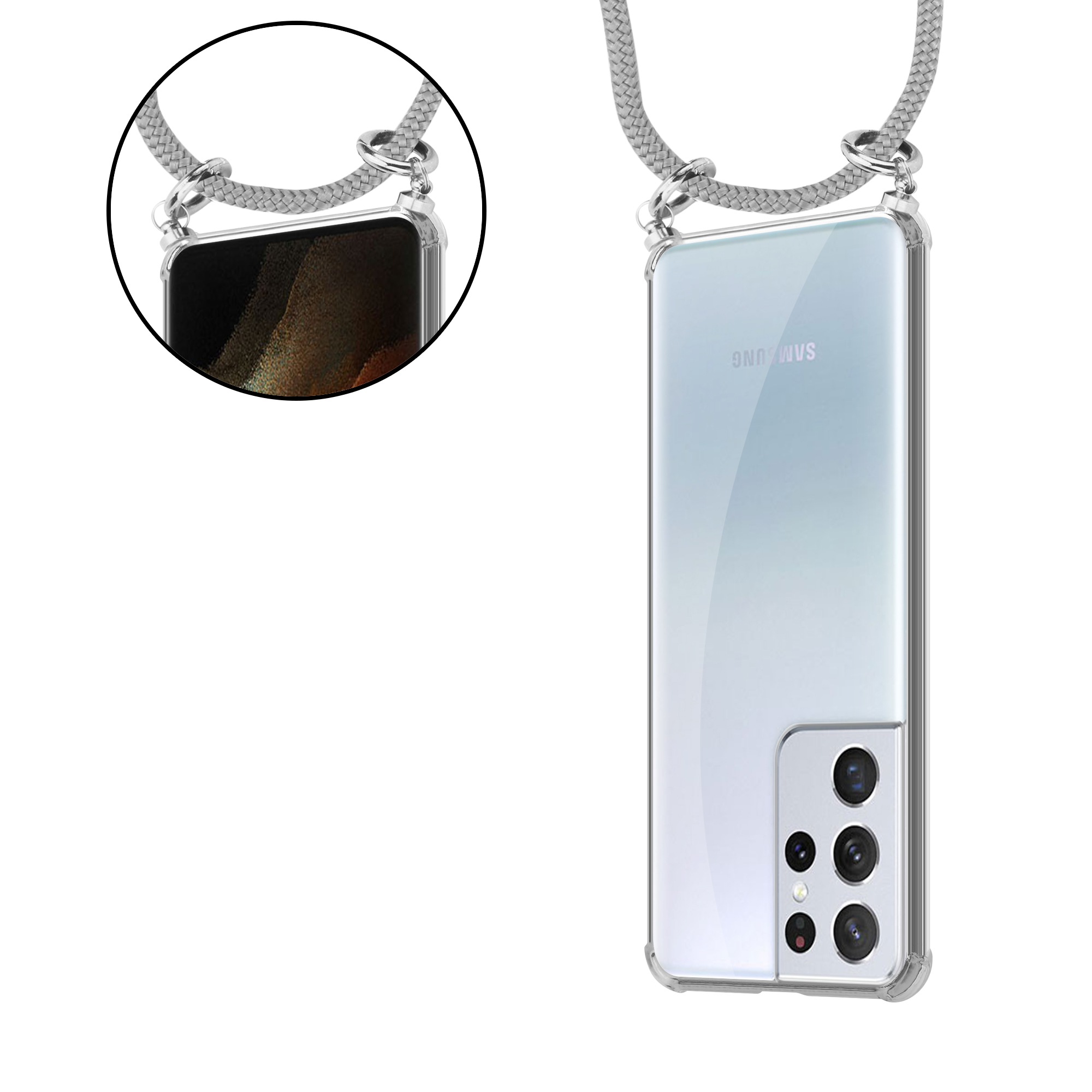 Eine durchsichtige Handyhülle mit einem grauen Kabel. Die Handyhülle hat ein Telefon darin.