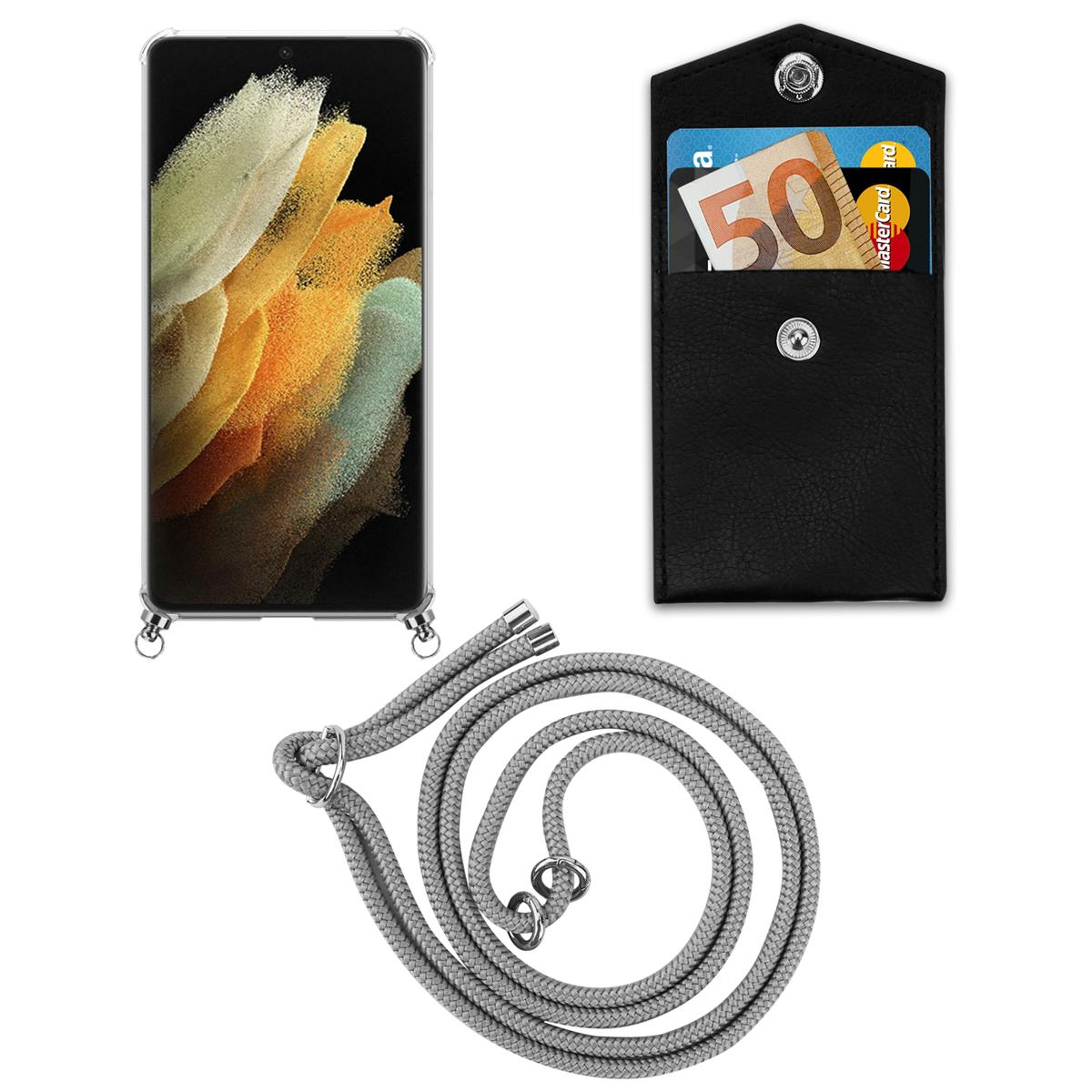 Handyhülle, Telefon und Lanyard. Hülle enthält Karten und Bargeld. Graues Lanyard mit silbernen Akzenten.