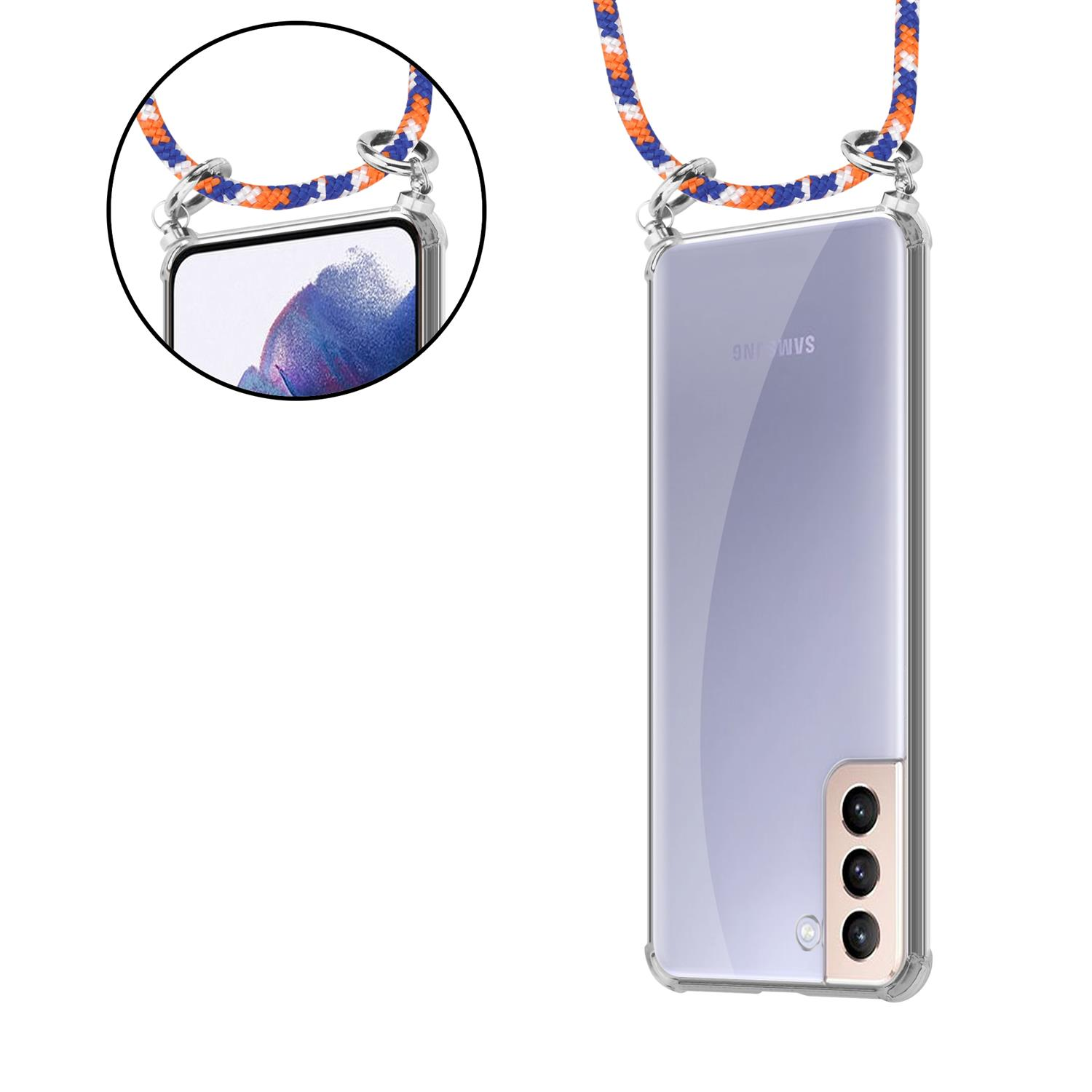 mit Galaxy abnehmbarer Band Kordel Hülle, Silber ORANGE WEIß BLAU Backcover, Samsung, und PLUS, Kette Ringen, Handy CADORABO S21