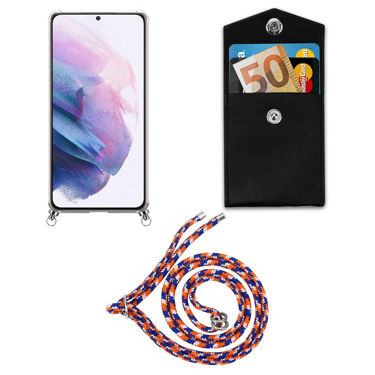 PLUS, Galaxy mit BLAU S21 Kordel WEIß Handy Band abnehmbarer Ringen, Backcover, Silber Samsung, und Kette CADORABO ORANGE Hülle,