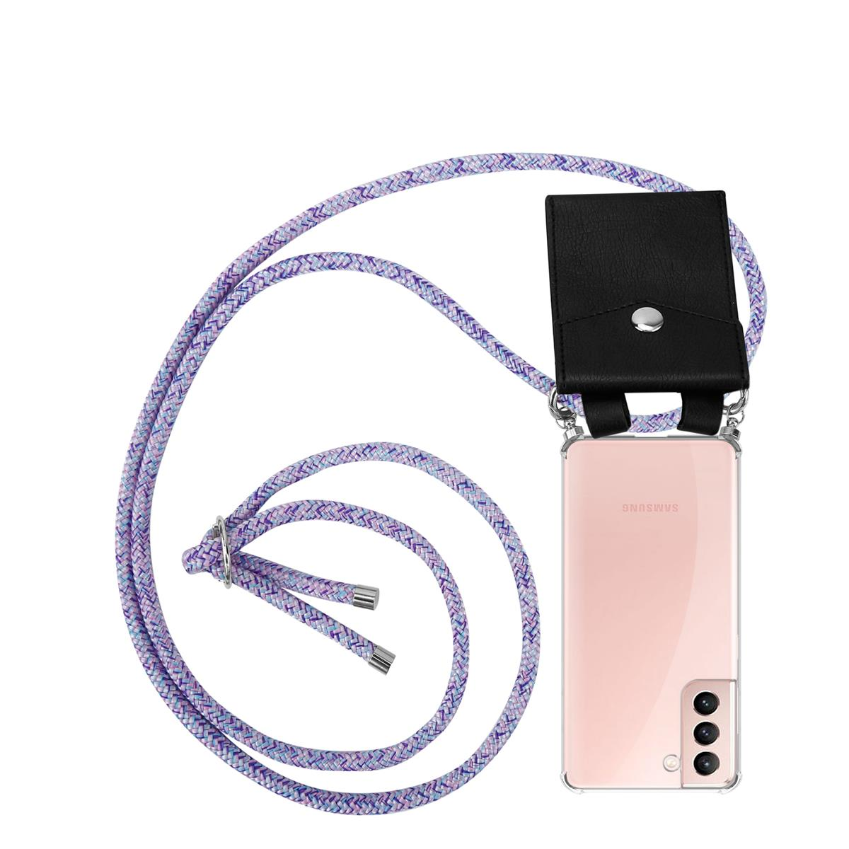 Lila und blaue Kordel-Telefonriemen mit einer schwarzen Tasche und einem Telefon. Weißer Hintergrund.