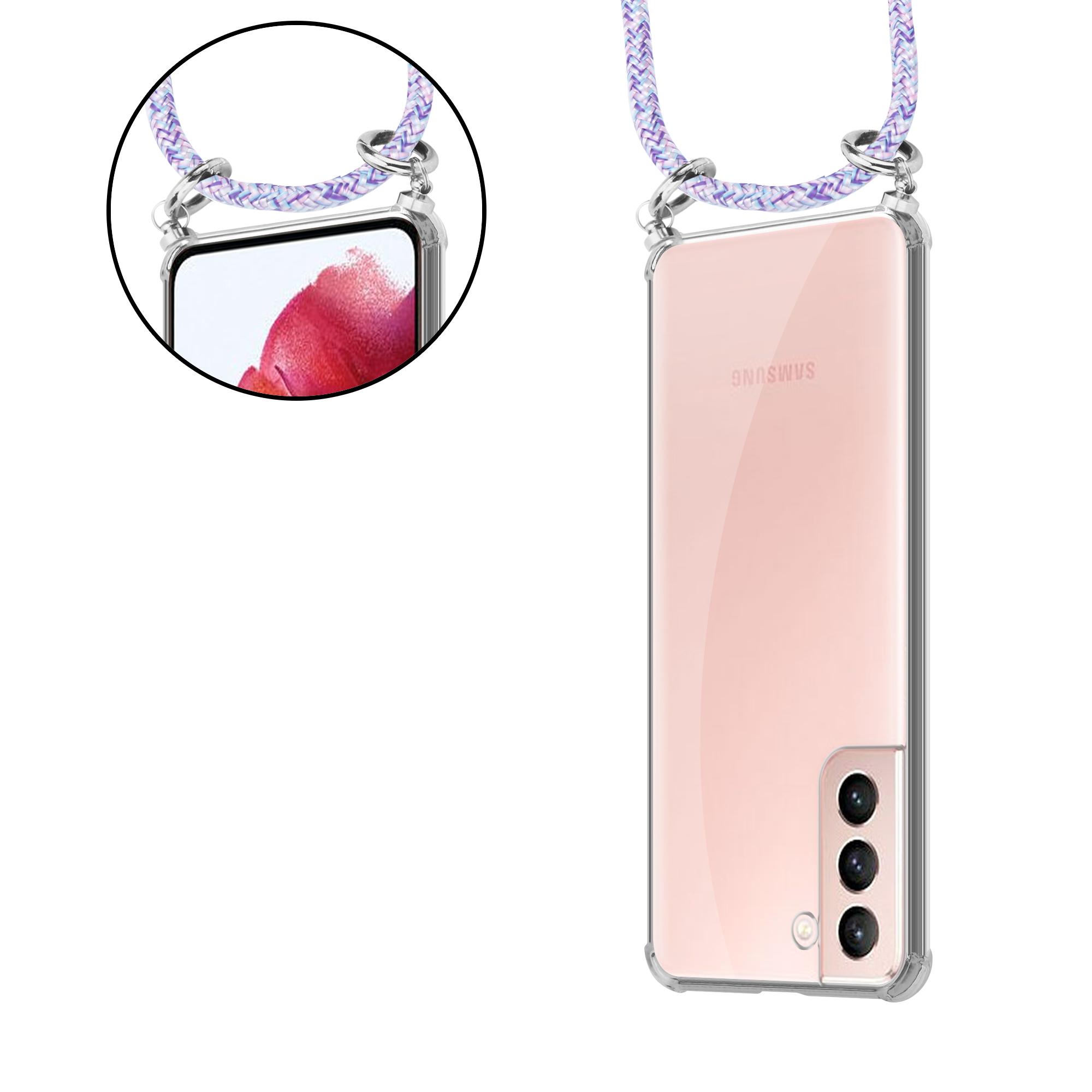 Telefon mit Lanyard-Hülle, zeigt Bildschirm und Rückseite.