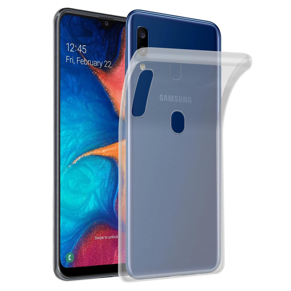 Smartphone mit klarer Schutzhülle, auf einem blauen Smartphone.