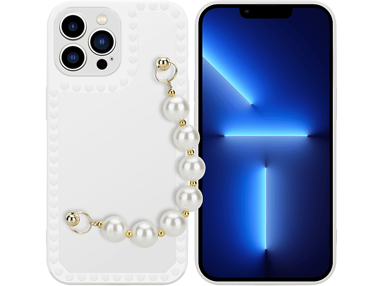 Perlen iPhone Schutzhülle Apple, CADORABO 13 Handgelenk MAX, PRO mit Kette, Weiß Backcover, mit