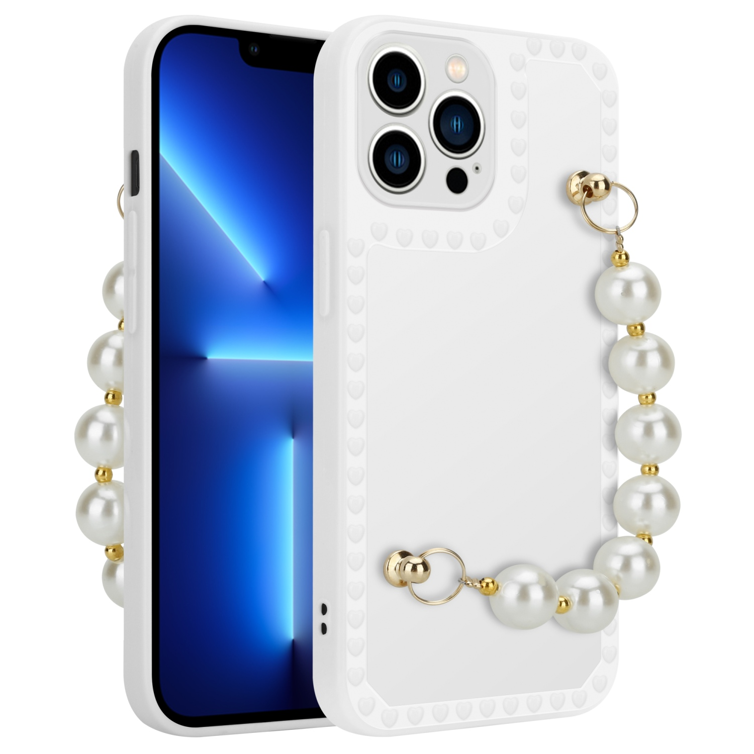 Weiße Handyhülle mit Perlenarmband. Blauer Telefonbildschirm. Goldakzente.