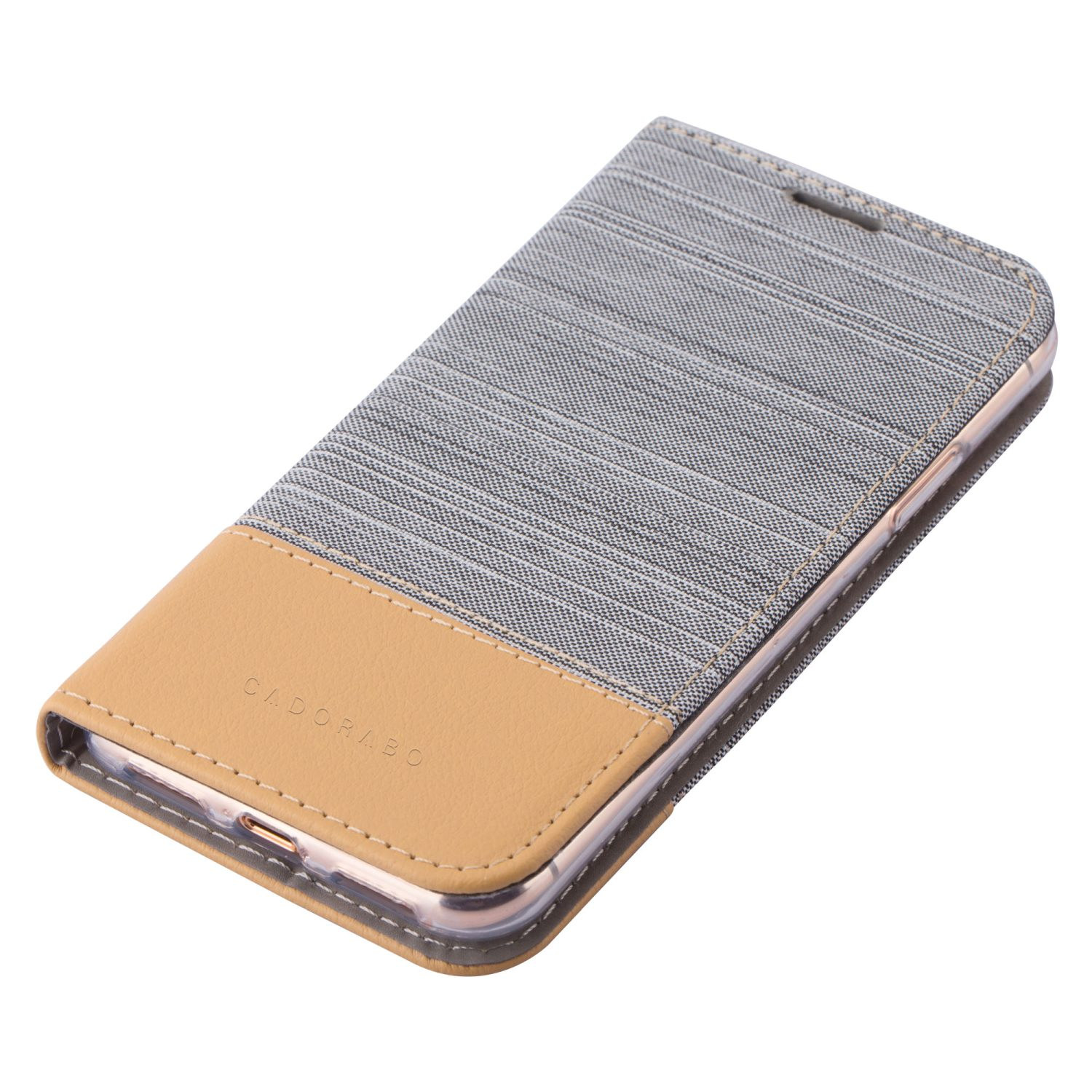 Ein Telefon in einer grau-beigen Hülle mit Streifenmuster und Markennamen auf der Vorderseite.