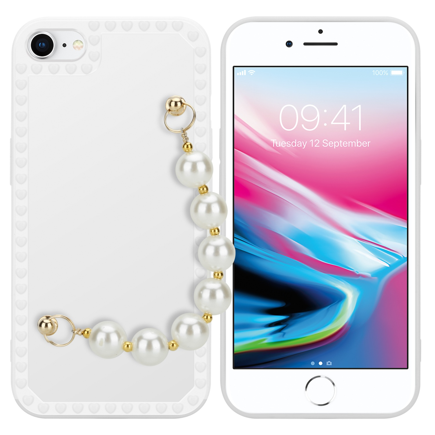 CADORABO Schutzhülle mit Handgelenk Kette, Perlen / / iPhone / Weiß 8 Backcover, 7 Apple, mit 7S SE 2020