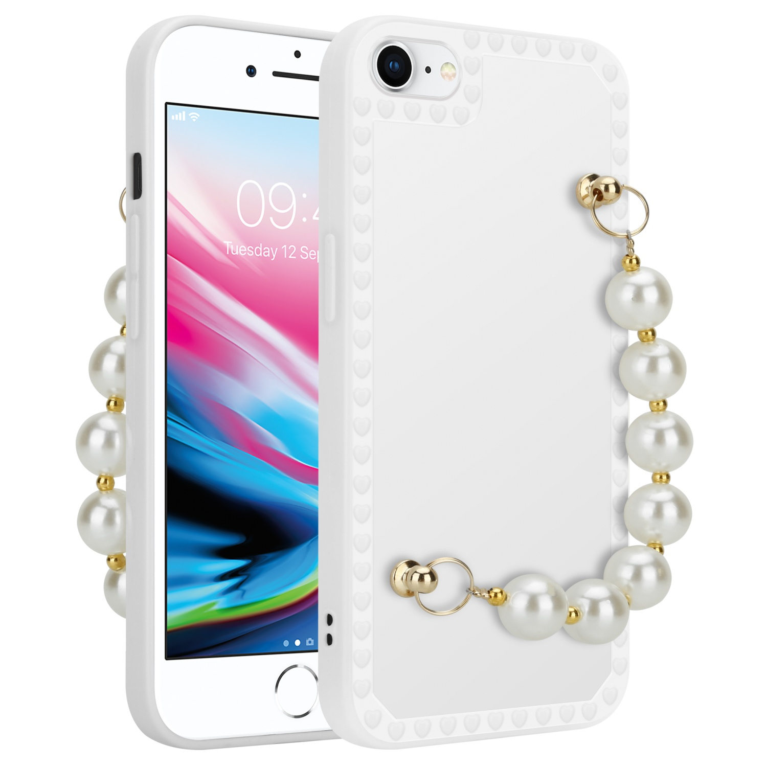 CADORABO Schutzhülle mit Handgelenk Kette, Apple, 8 7S / Weiß mit iPhone SE Backcover, / 7 2020, / Perlen