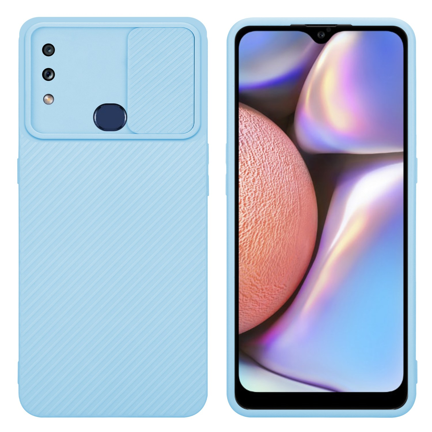 Hellblaue Handyhülle. Das Telefon zeigt ein lila und weißes abstraktes Bild.