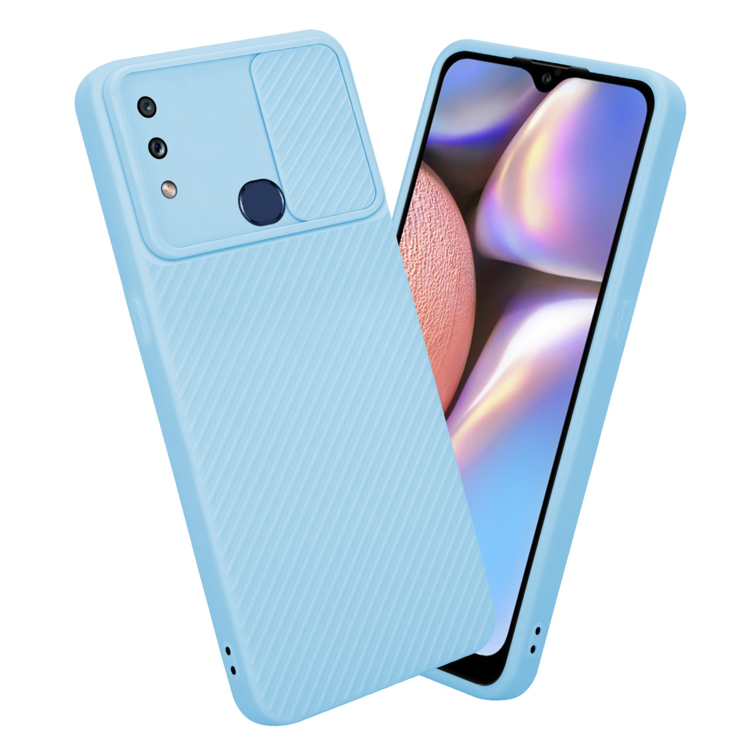 Blaue Handyhülle mit Kameraabdeckung und Telefon im Inneren.