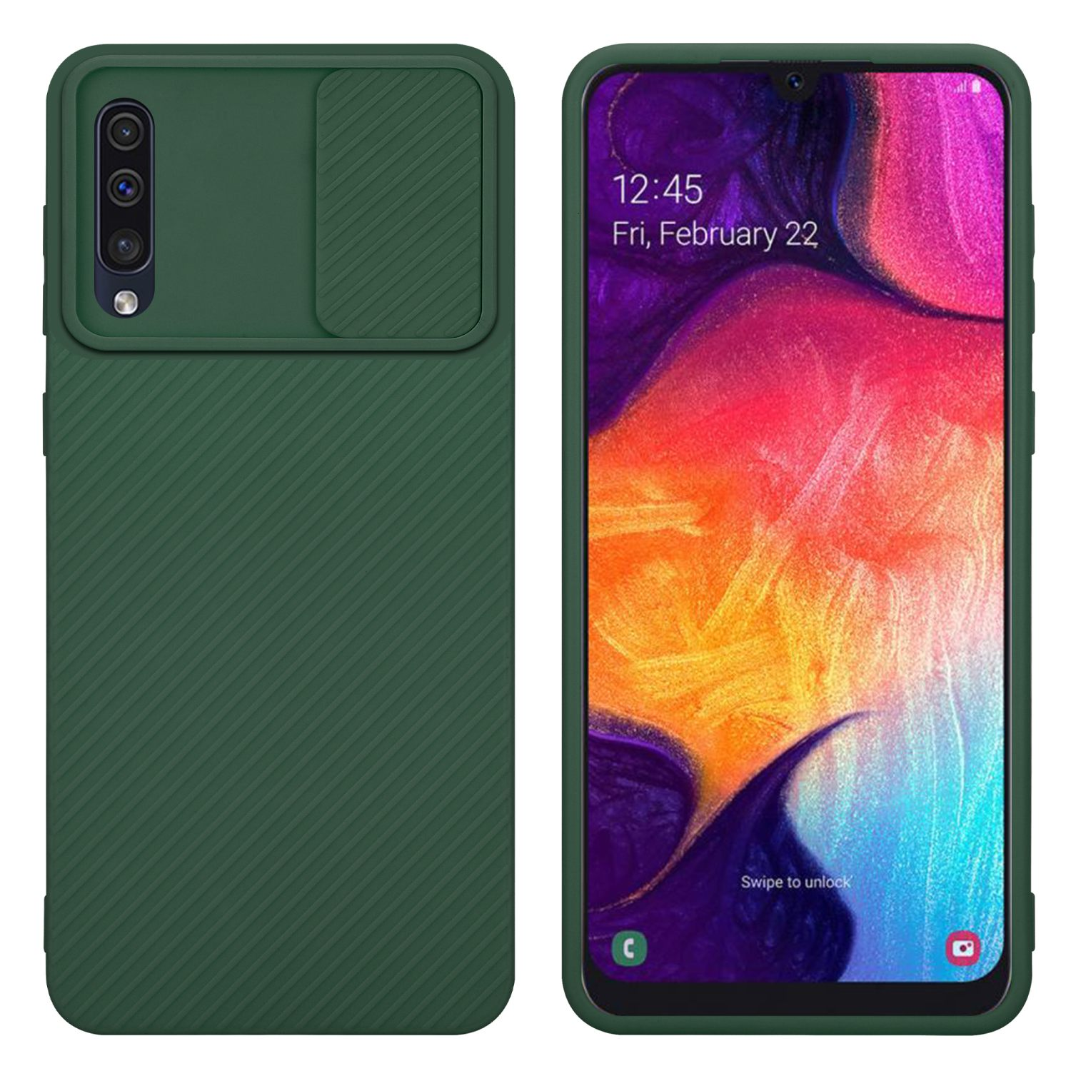 Grüne Handyhülle mit Kameraabdeckung, Telefon rechts. Weißer Hintergrund.