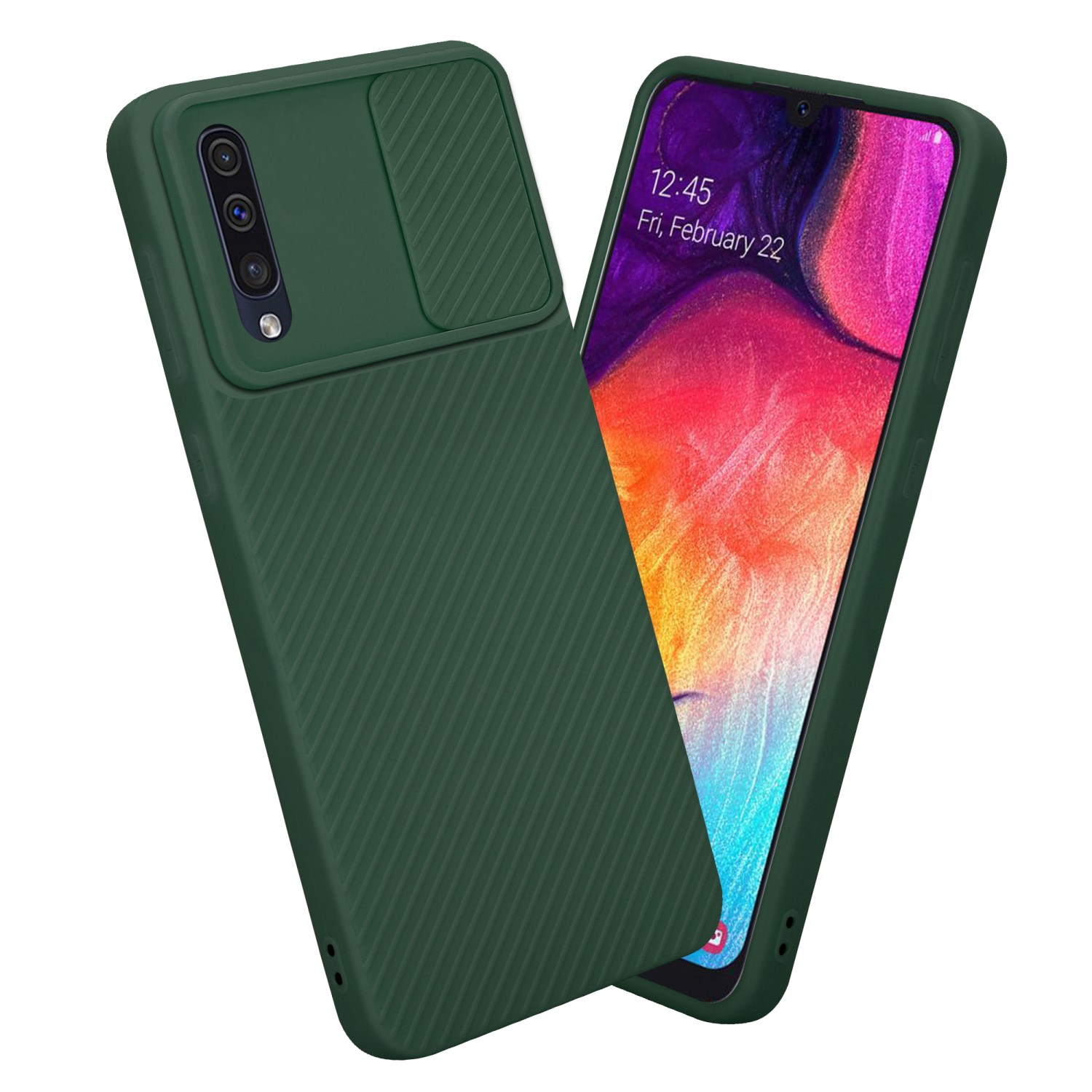 Zwei grüne Handyhüllen. Eine bedeckt das Telefon, die andere liegt daneben und zeigt den Bildschirm.