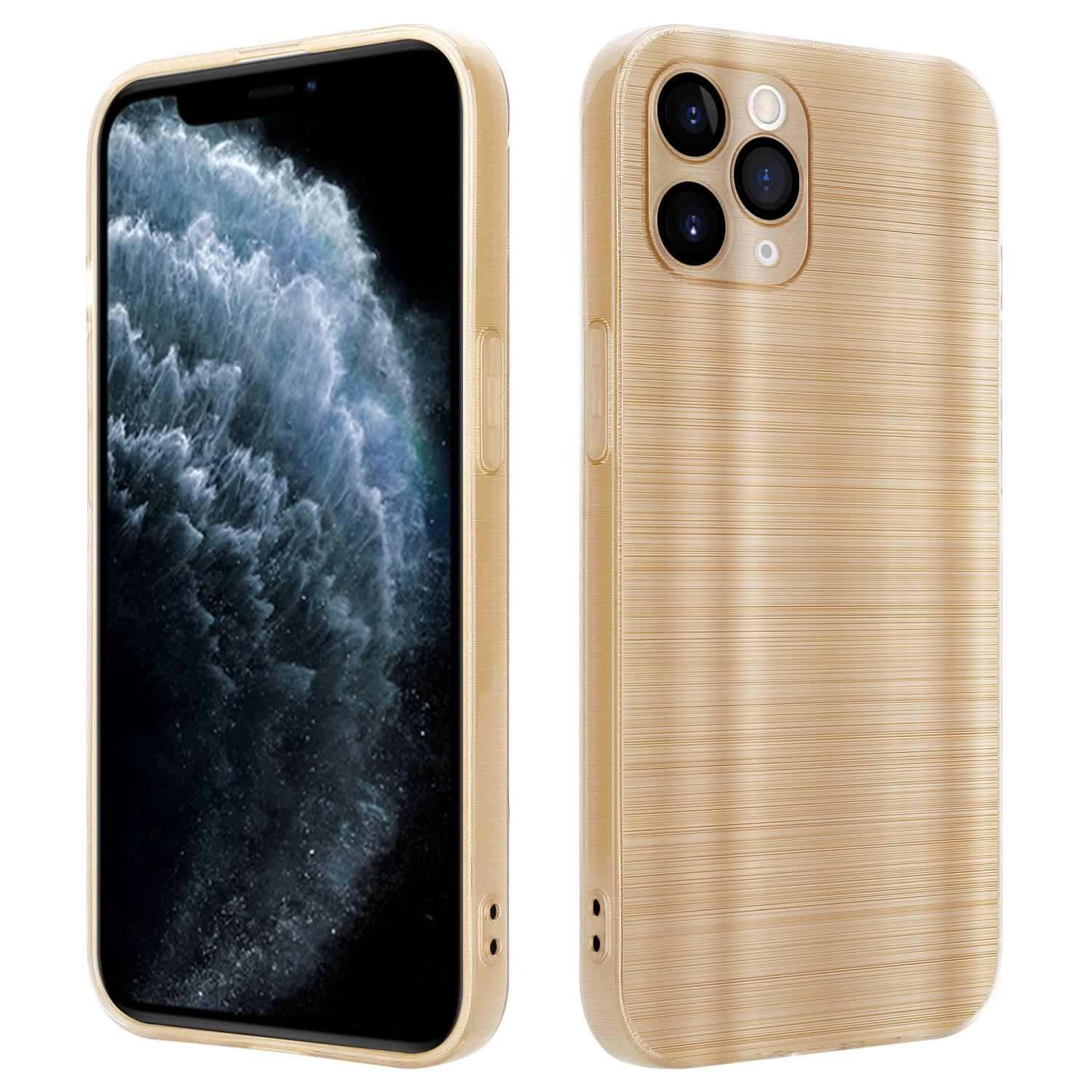 Goldene Handyhülle mit Telefon. Die Hülle hat eine gebürstete Metalloptik.