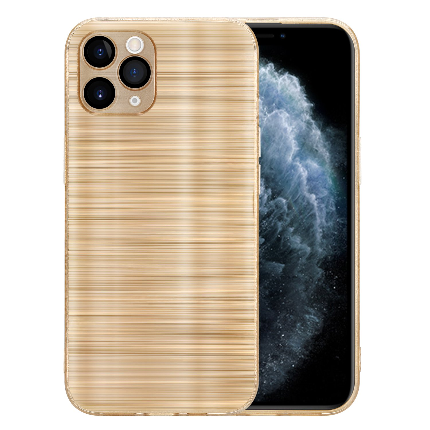 Ein Telefon mit goldfarbener Metallhülle. Die Hülle hat einen gebürsteten Metall-Look mit dem Telefon im Inneren.