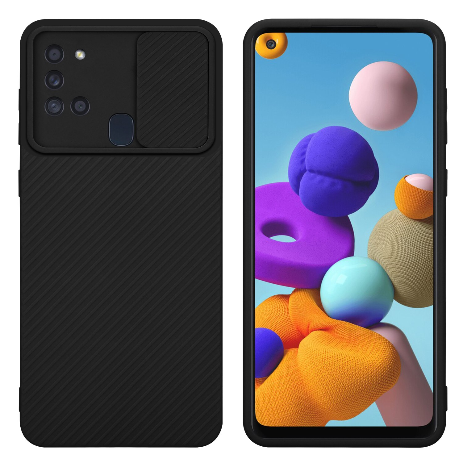 Schwarze Handyhülle mit Kameraausschnitt. Telefonbildschirm zeigt bunte 3D-Formen auf blauem Grund.