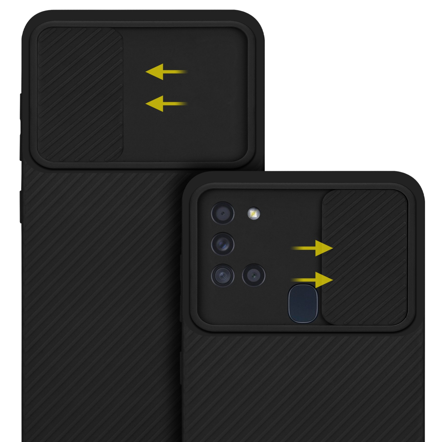 Zwei Handyhüllen mit schwarzem, strukturiertem Design. Die Kamera ist abgedeckt. Der Hintergrund ist weiß.