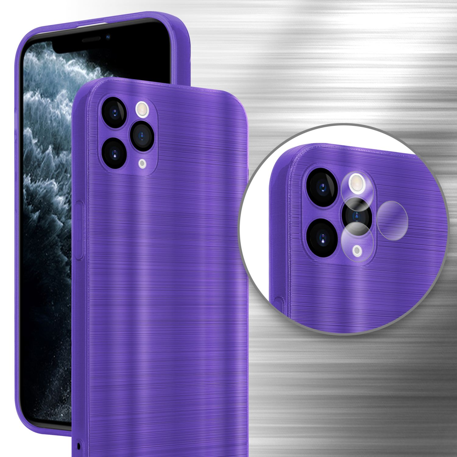 Eine lila Handyhülle mit einem Telefon. Nahaufnahme des Kamera Bereichs.
