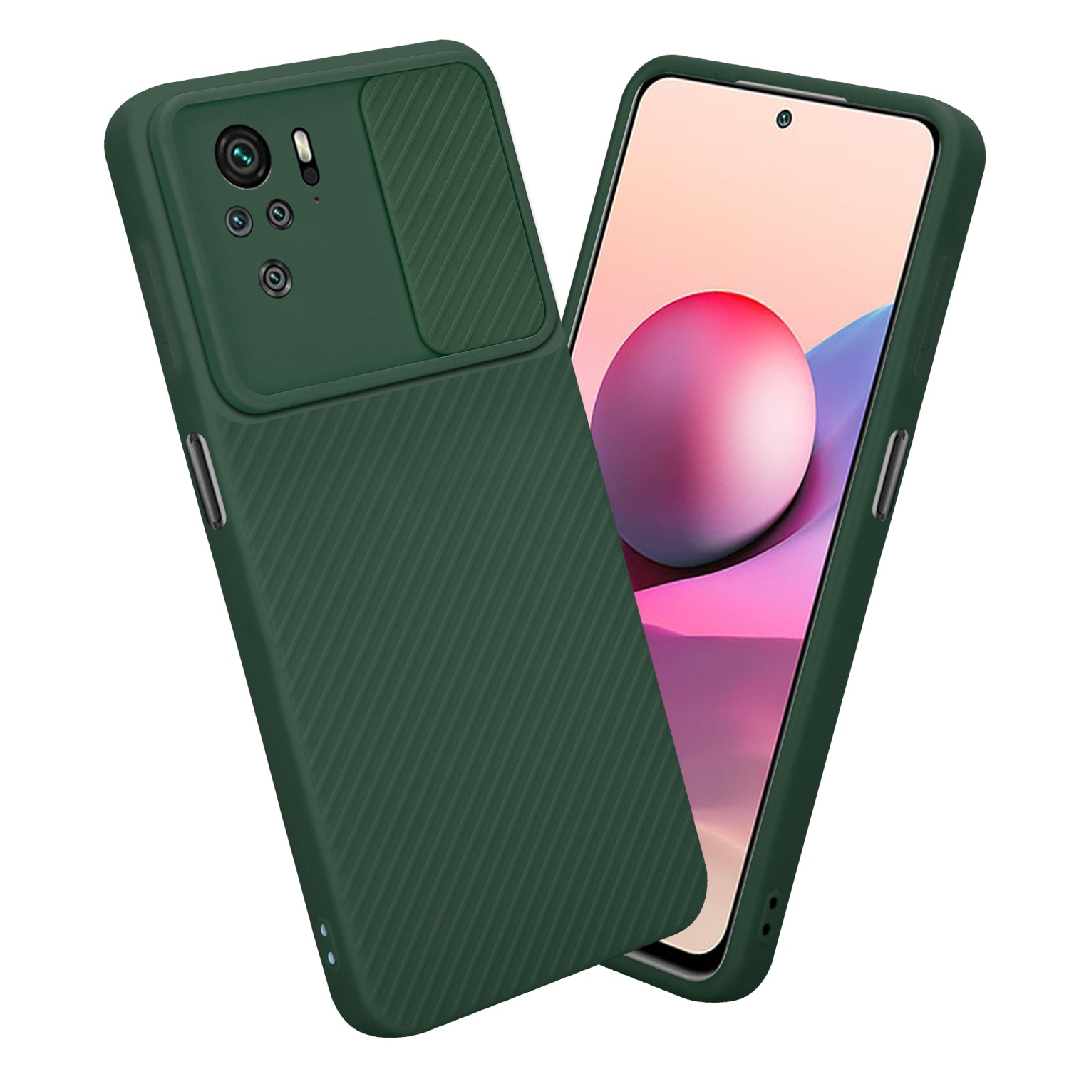 Grüne Handyhülle mit Kameraabdeckung, schräge Ansicht eines Telefons. Telefon mit blauem und rosa Hintergrund.