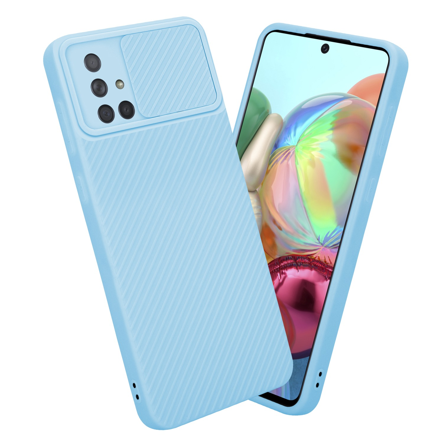 Eine hellblaue Handyhülle wird mit einer Kameraabdeckung und einem Telefon im Inneren gezeigt. Das Telefon ist nach außen gerichtet.