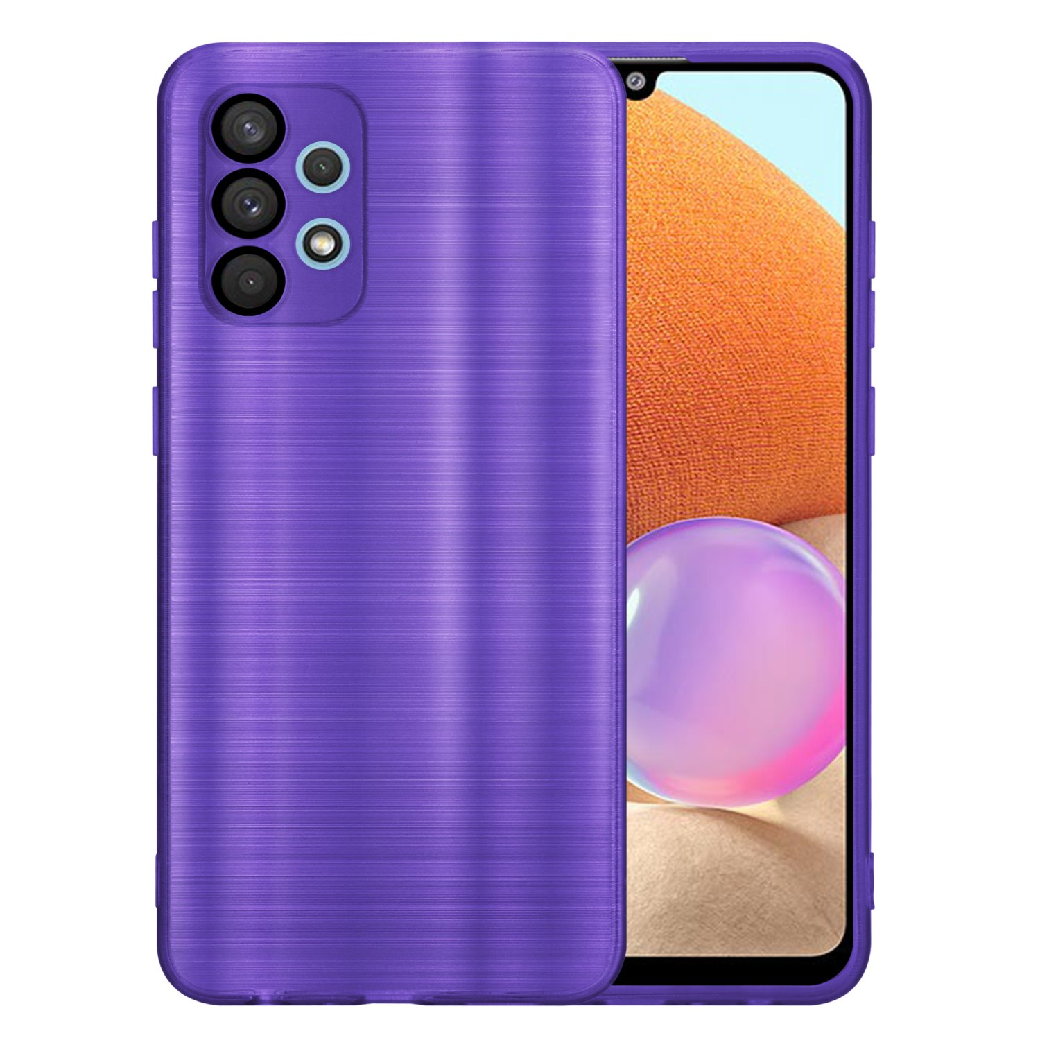 Custodia per telefono viola con superficie strutturata e tre lenti della fotocamera.