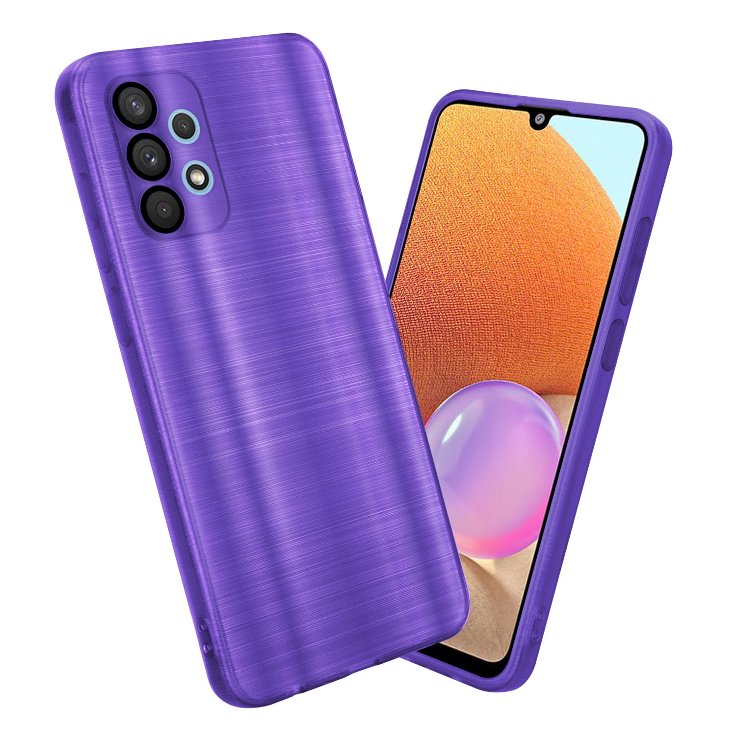 Custodia per telefono viola con una texture in metallo spazzolato. È visibile uno schermo del telefono. La custodia è per un telefono Samsung.