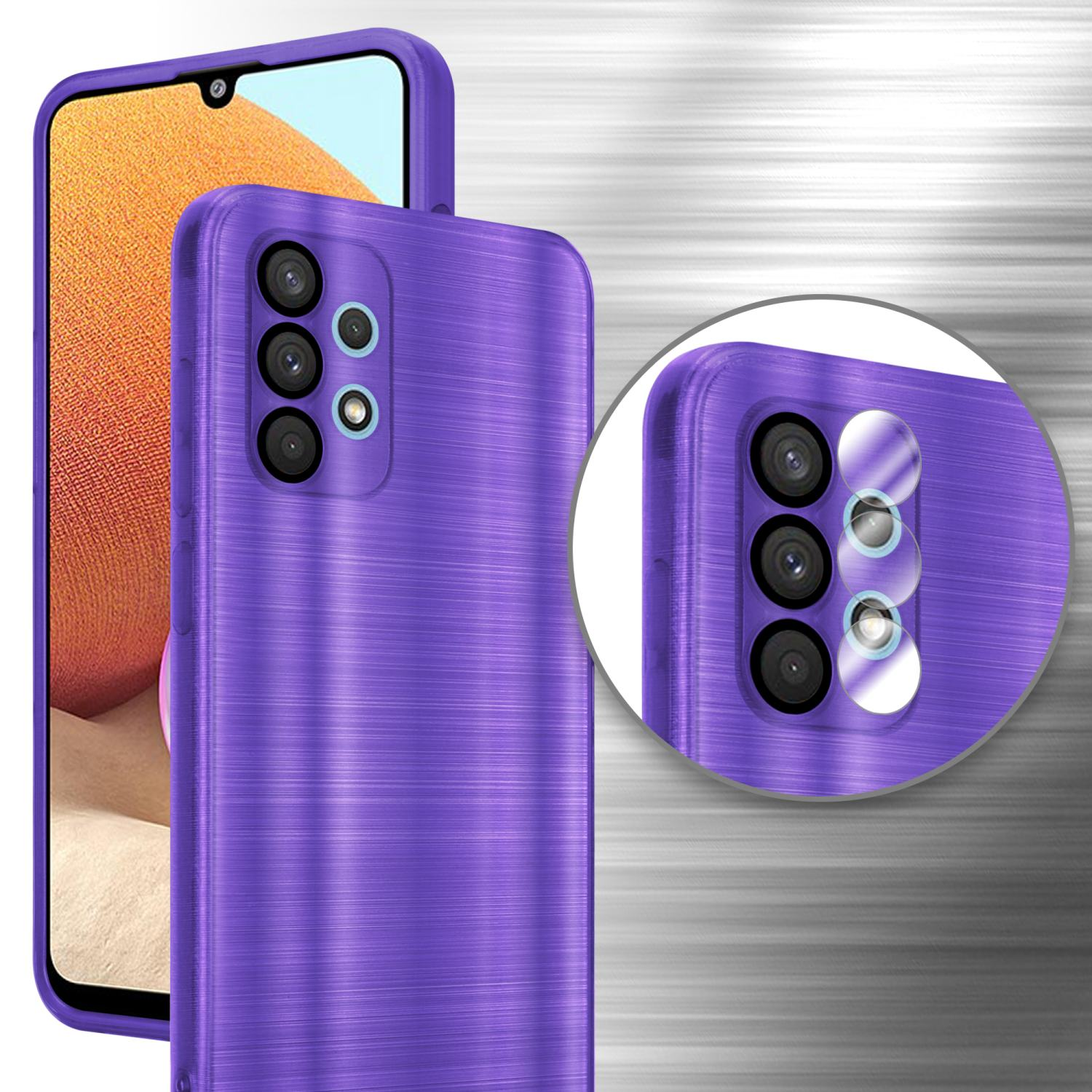 Custodia viola per telefono. Ha una texture in metallo spazzolato. La fotocamera è dietro.