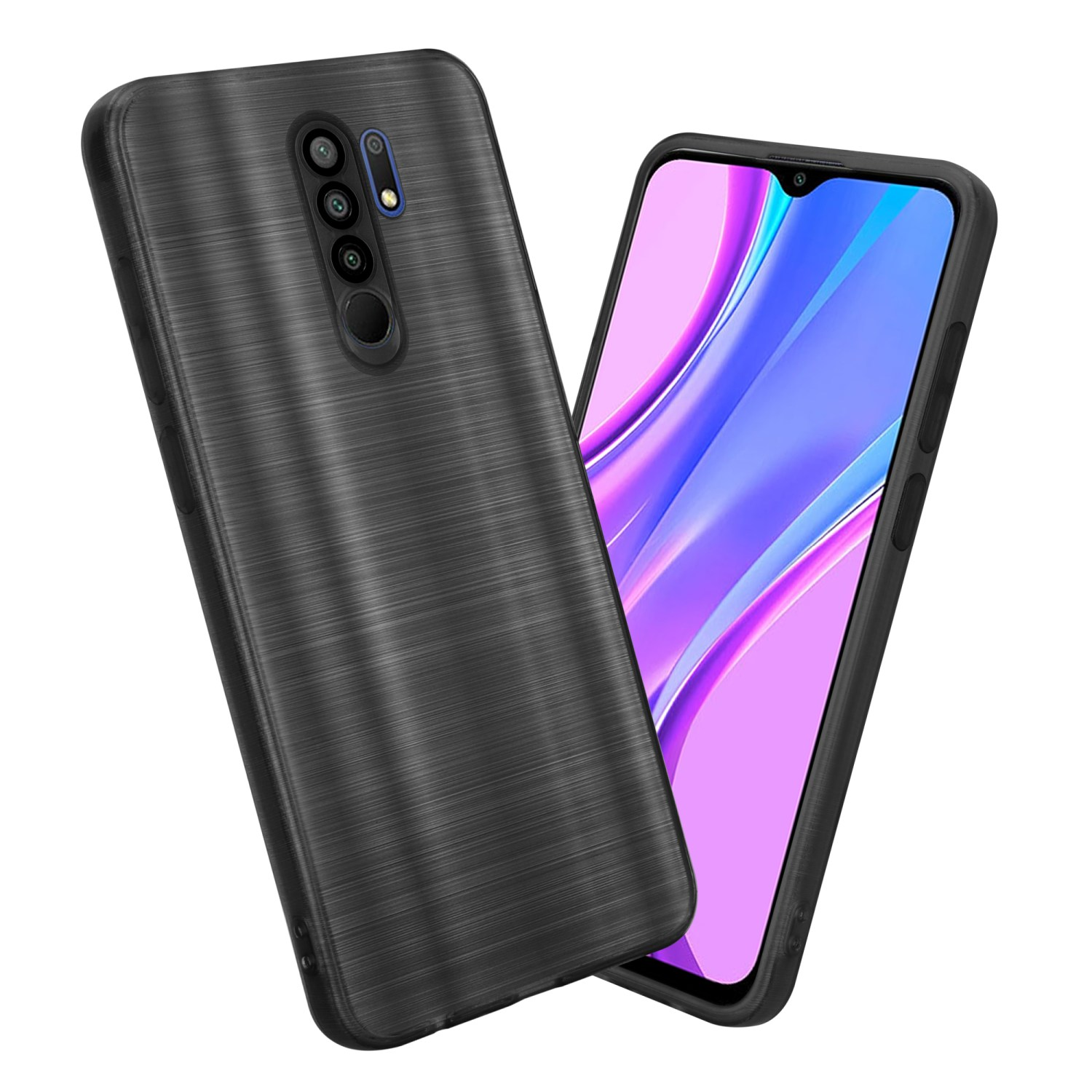 Una custodia per telefono con una texture in metallo spazzolato scuro. La custodia è nera e ha una configurazione a doppia fotocamera.