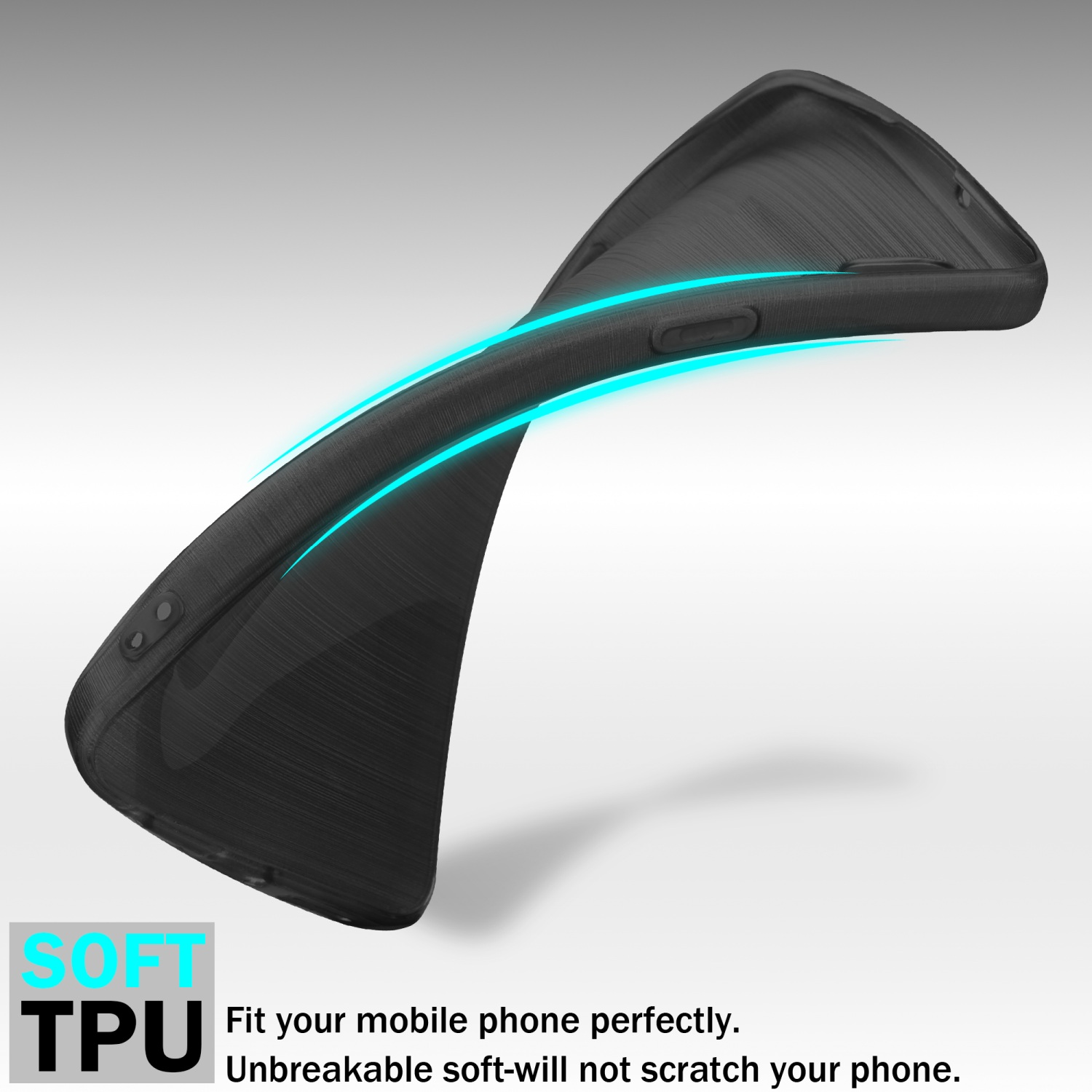 Una custodia per telefono nera flessibile e morbida, con una forma curva e il testo 'Soft TPU'.